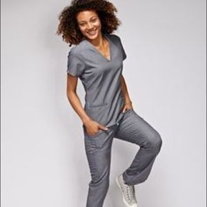 Figs scrub set. Grey with teal tie. Straight leg/slim fit legs.